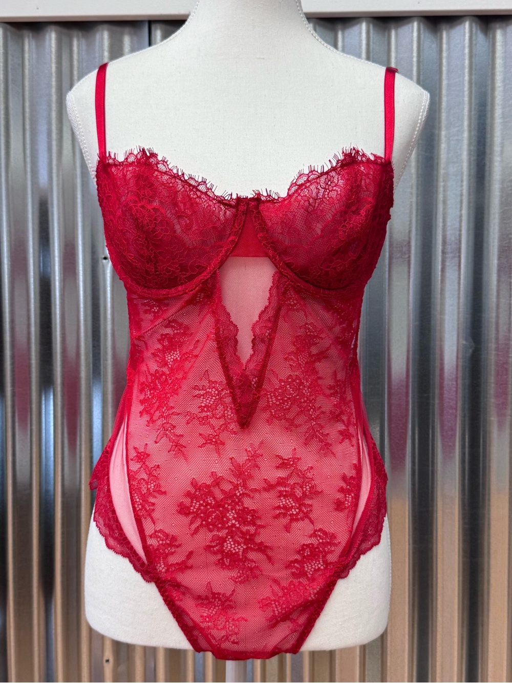 Victoria's Secret Red Lace Sheer Bodysuit